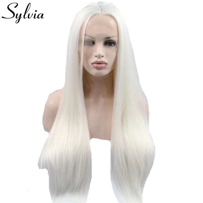 Sylvia Snow White Silky Straight Synthetic Lace Front Wigs Long Natural Glueless Heat Resistant Fiber Hair with Middle Parting