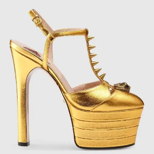 Подиумные босоножки из натуральной кожи с ремешком на лодыжке на высоком каблуке летние женские босоножки на платформе женская обувь на тонком каблуке с закрытым носком 34-43 - Цвет: golden