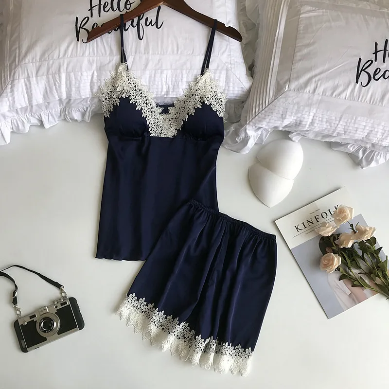 

Freshing Summer Patchwork Lace Sexy Pajamas With Pad V-Neck Pajama Set For Women High Quality Fashion Sleepwear