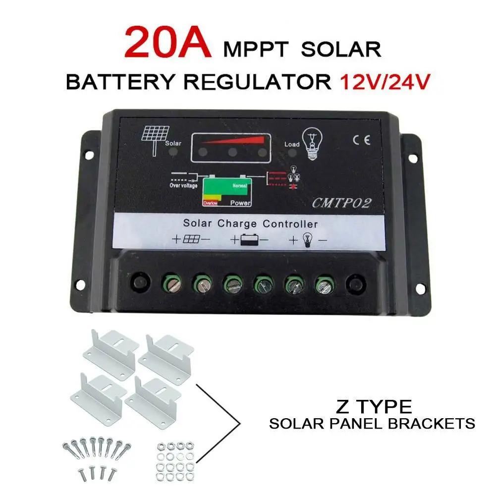 

20A MPPT 12V/24V Solar Panel Charge Controller Battery Regulator Safe Protection Auto Switch + Z Shape Brackets Mount