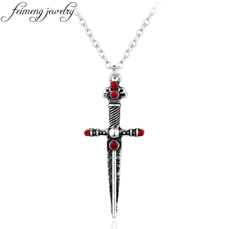 

feimeng jewelry Gryffindor Sword Necklace Red Rhinestone Crystal Cross Pendant Necklace For Fashion Accessories