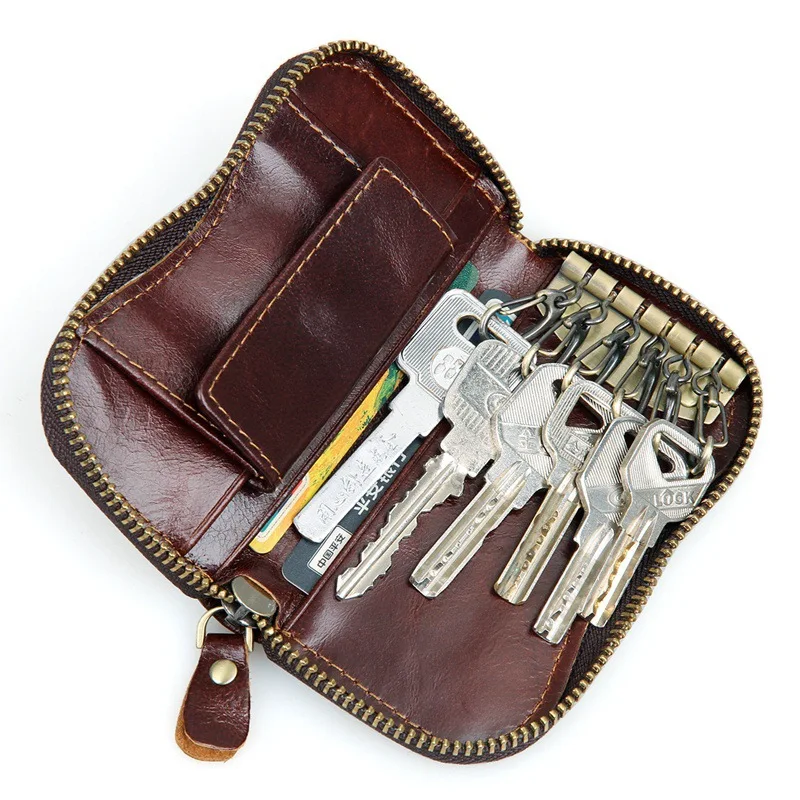 Genuine Leather Wallet Car Key Holder Case Keychain Bag Zipper Credit Card Purse