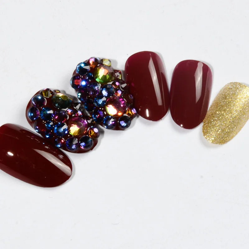 

Wine red fake nails rhinestone Bling Nail Art False round DIY finished with free stickers