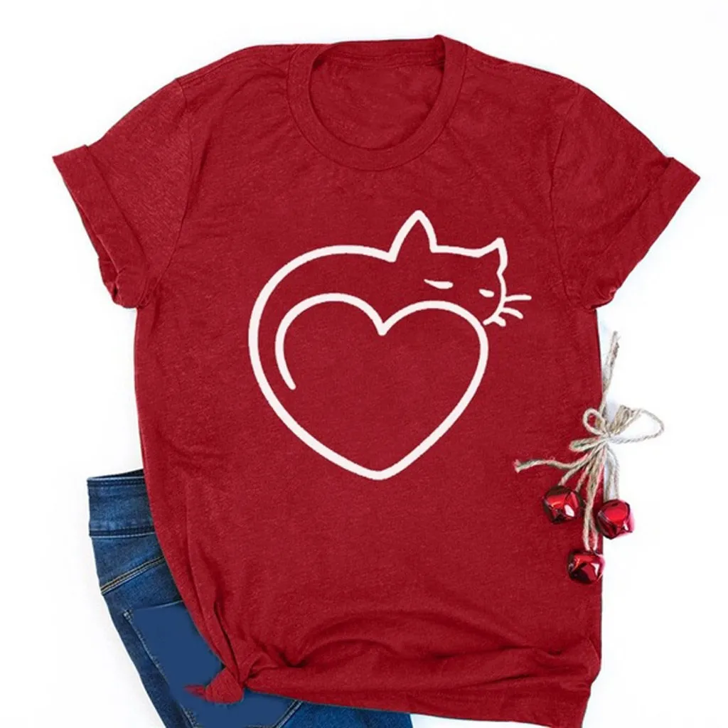 2019 3Xl плюс размер футболка с принтом кота футболка с круглым вырезом и коротким рукавом летняя Женская Повседневная футболка
