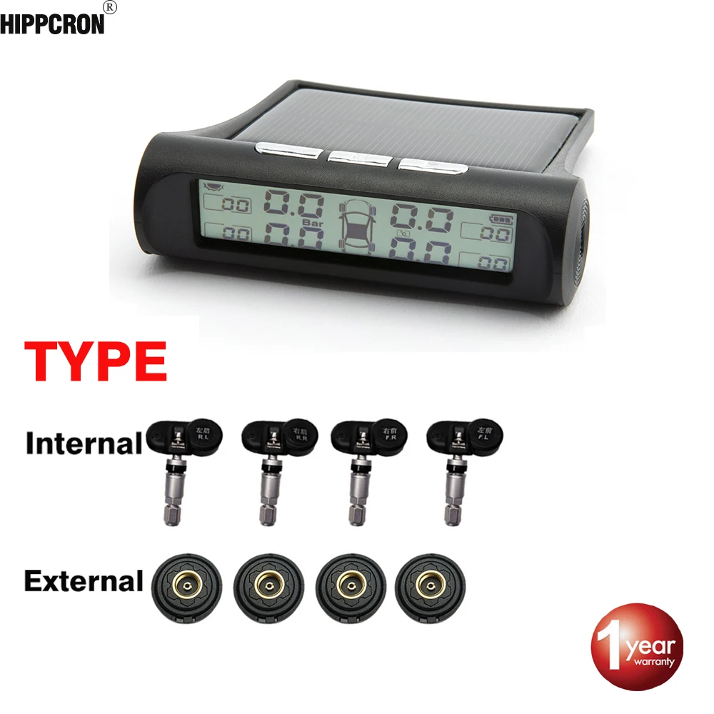 

Hippcron Car Tire Pressure Alarm Monitor System TPMS Backlight Digital Display Solar Energy Power USB Charger