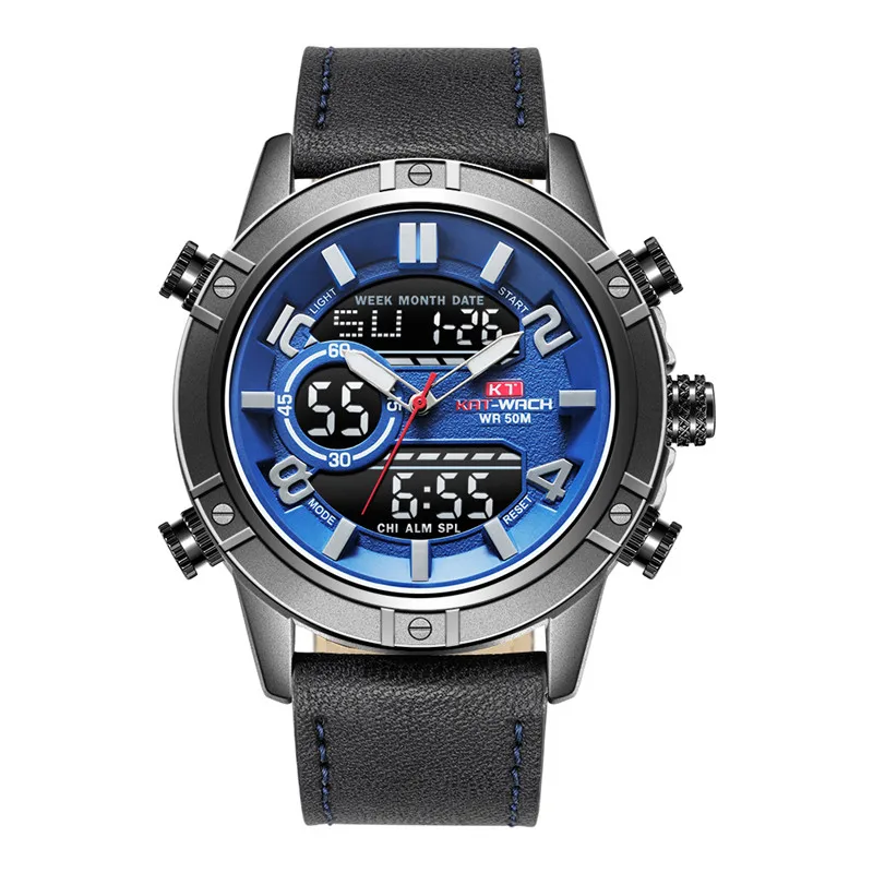 

Genuine Leather Strap Watch for Men Two Japan Movement include Both Quartz and Digital Function Watches Big Size Waterproof