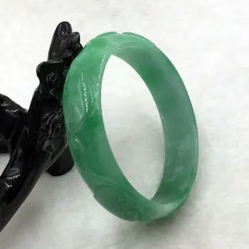 

01696 Vintage Chinese Hand-carved Green Jadeite Jade Gems Bracelet Bangle