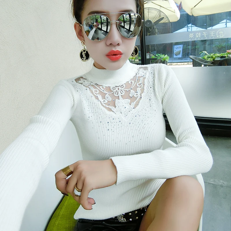 Fashion Lace Embroidery Half Turtleneck Women Sweaters and Pullovers 2018 Autumn Winter Elasticity Slim Knitted sweter mujer Fashion Lace Embroidery Half Turtleneck Women Sweaters and Pullovers 2018 Autumn Winter Elasticity Slim Knitted sweter mujer