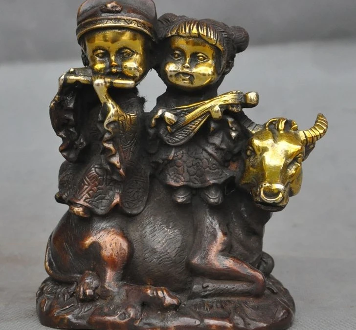 Old China Bronze Gilt Conjugal love Husband&wife Couples Oxen Bull Lucky Statuehusband love