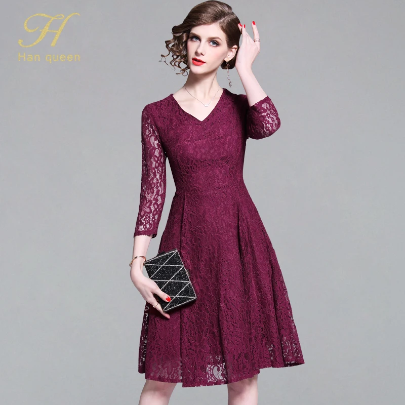 

H Han Queen 2018 Spring New Women's Lace Dresses 3/4 Sleeve Hollow Out Vestidos OL Patchwork Casual Slim Office Party Dress