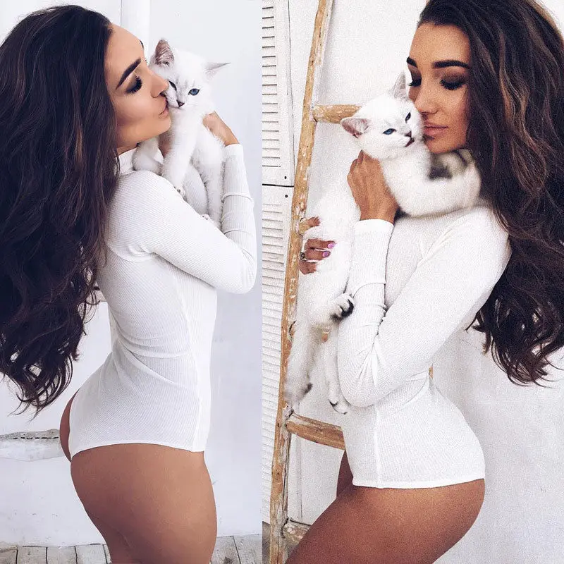 

Sexy Women's Bodycon Bodysuit Solid Turtle Neck Long Sleeve Bandage Jumpsuit Bodysuits Leotard Top