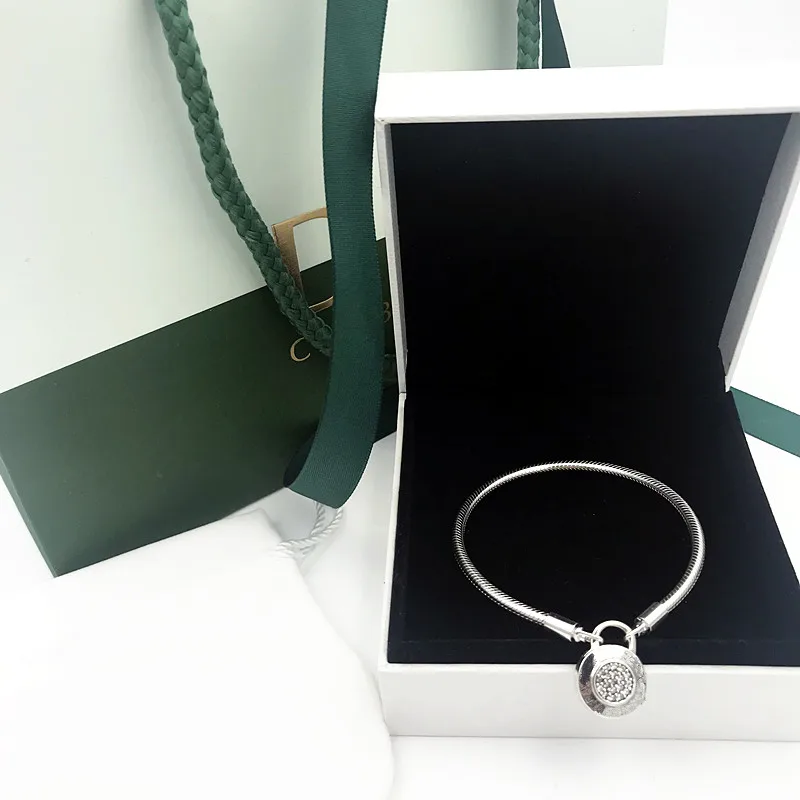 

NEW! Perfect Charm logo Engraved Silver 925 golds pan bracelet shine pulseira Smooth chain Signature Padlock