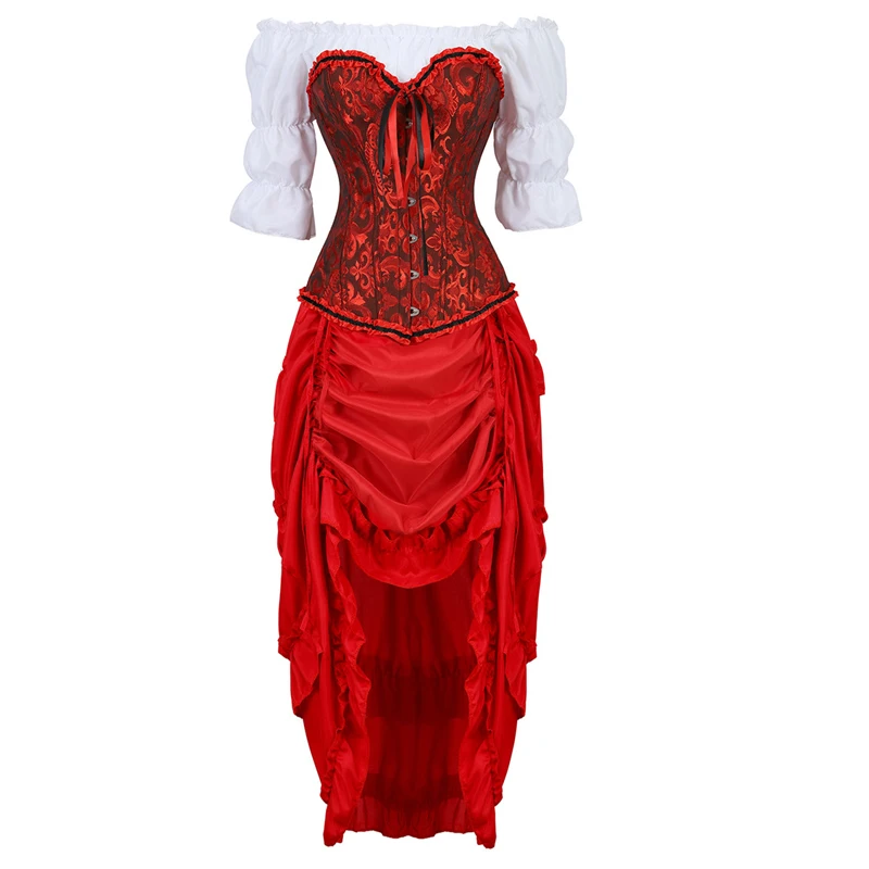 

corset dress top 3 piece set front high and low irregular skirt bustiers corsets sexy masquerade costume gown halloween red sexy