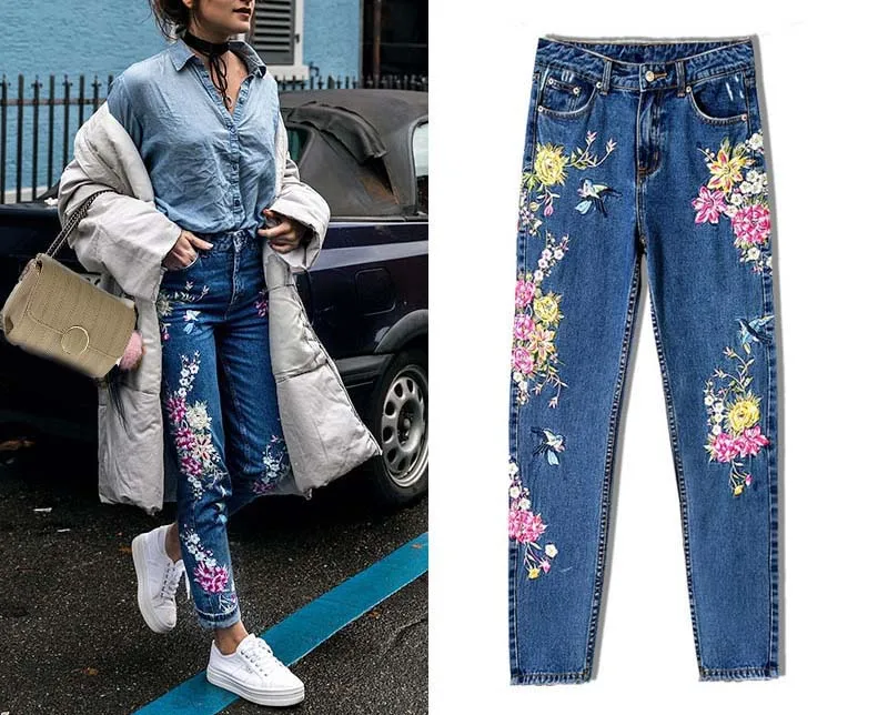 Women's three-dimensional 3D heavy process bird flower front and rear embroidery high waist Slim straight jeans large size system (7)