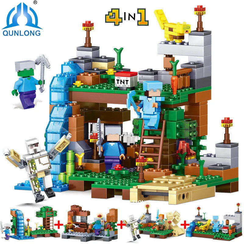 378pcs 4 in 1 Compatible Legoe Minecrafted City Figures Building Blocks Mine World DIY Garden Bricks
