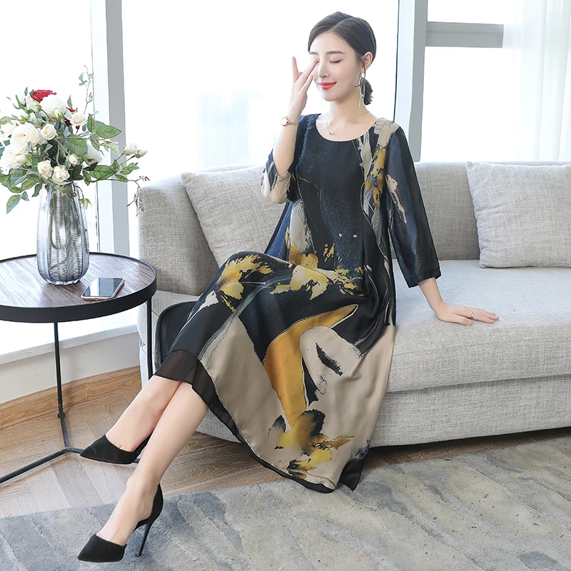 Летнее шелковое шифоновое платье для женщин большие размеры высокое качество 2019