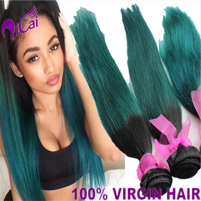 

Brazilian Virgin Hair 3 Bundle Silk Straight Remy Human Hair Popular Ombre 2 Tone 1B/Green Hair Weave Ombre Green Hair Extension