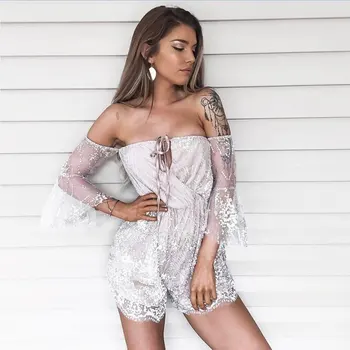 

New Women Playsuit A Variety of Wearing V-Neck Backless Sexy Bandage Rhinestone Glitter Apricot Playsuit