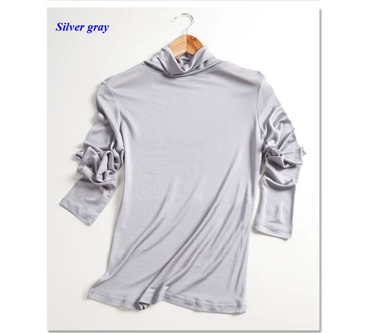Женская трикотажная футболка из натурального шелка, Новое поступление, женская футболка из чистого шелка с длинным рукавом, Женская майка из шелка, шелковые топы - Цвет: Silver gray