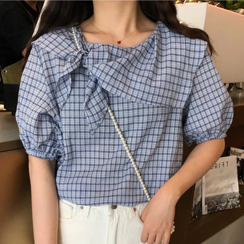 

High Fashion Streetwear Plaid Women Shirts Korean Designer Blouses High Quality Shir Woman Sailor Collar Clothing Fashionable