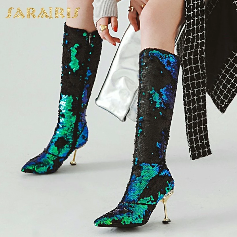 

SARAIRIS Sequin New plus Size 32-43 Fashion Zip Up Women Shoes Woman Boots Thin Heels Mid Calf Boots Woman Shoes