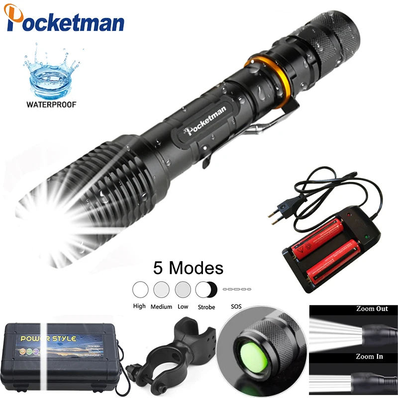 

8000LM led XML T6 Zoom Flashlight Torch Zoom able Bike Lamp Light Lamp Torches Lantern 18650 Battery + Charger +Bike clip z50