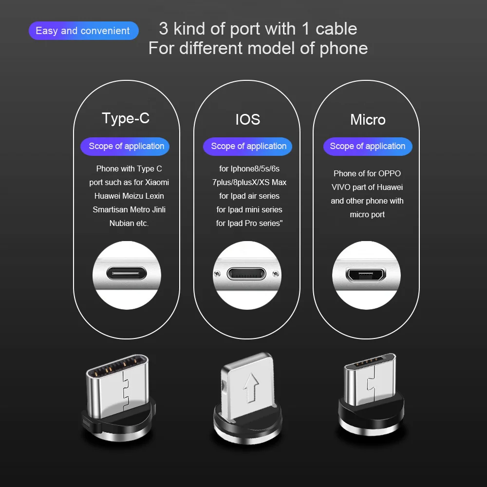 Магнитный usb кабель OLAF для мобильного телефона iPhone X 8 Micro USB huawei type C разъем