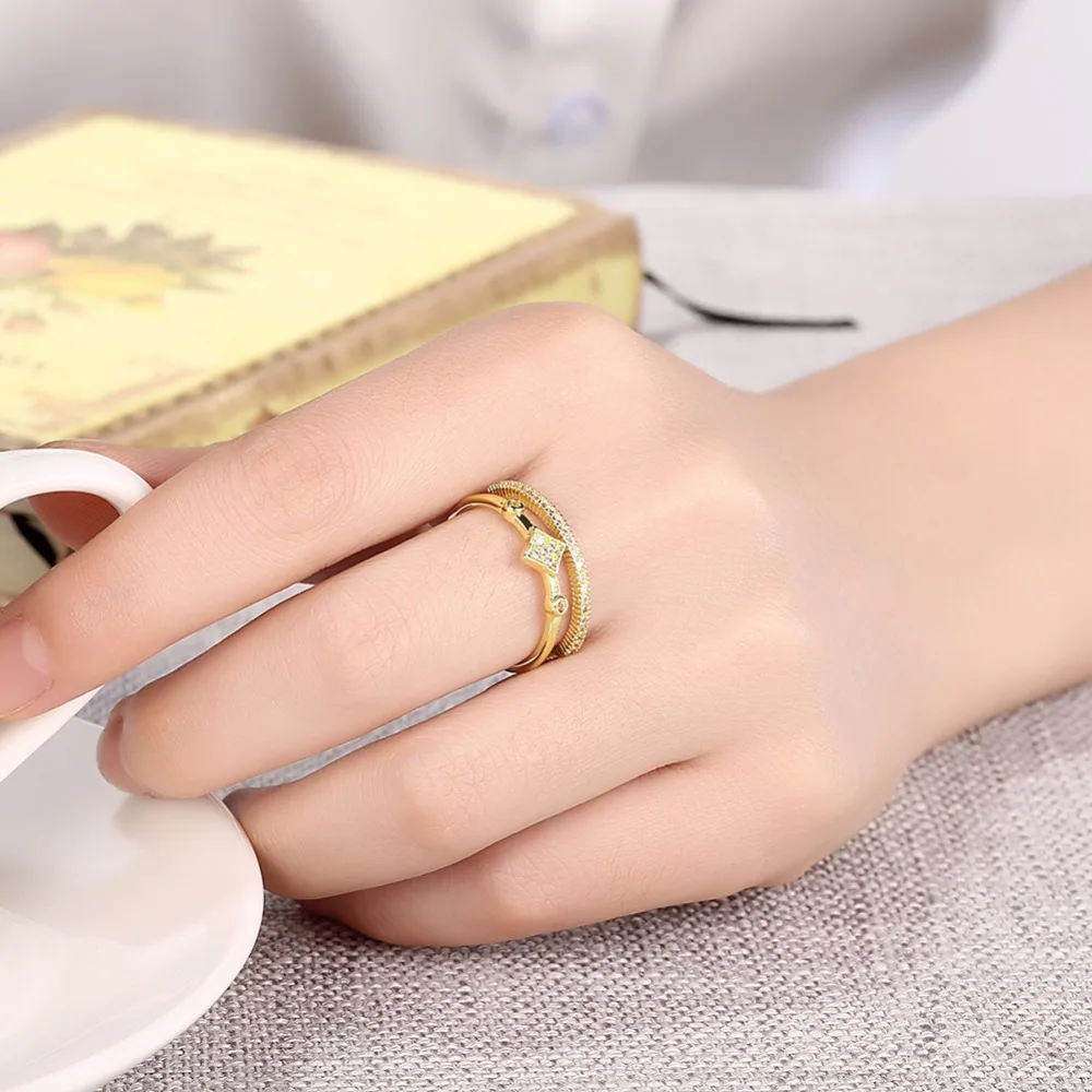 Hot Selling 2 Color Unique Double Rows Women Ring Trendy Rose Gold Color Square Zircon Ring For Party (JewelOra RI102259)