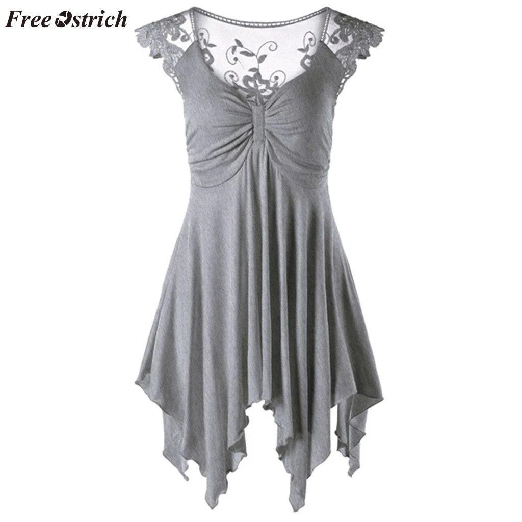 

FREE OSTRICH Fashion Women's Trend V-neck Sleeveless Lace Irregular Solid Color Pleated Loose Top Dress (S-5XL) Casual Dress Hot