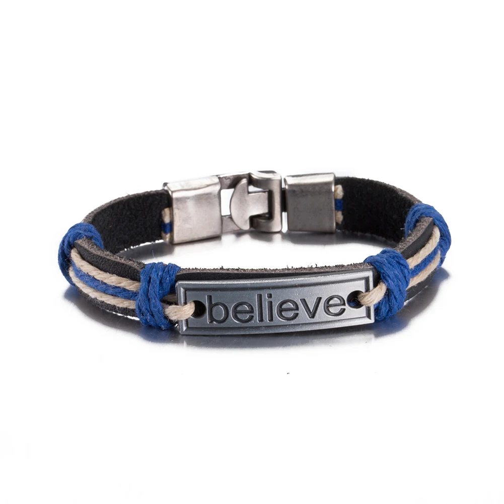 2017 Punk Retro Women Blue Bracelet Antique Silver Plated BELIEVE Letter Unisex Leather Bangle Wristband Insect Jewelry | Украшения и
