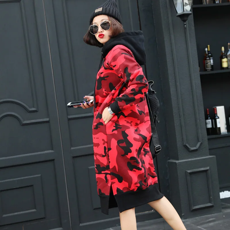 

P Ammy Autumn winter clothing women Korean large size camouflage plus velvet long-sleeved long hooded sweatshirt dress