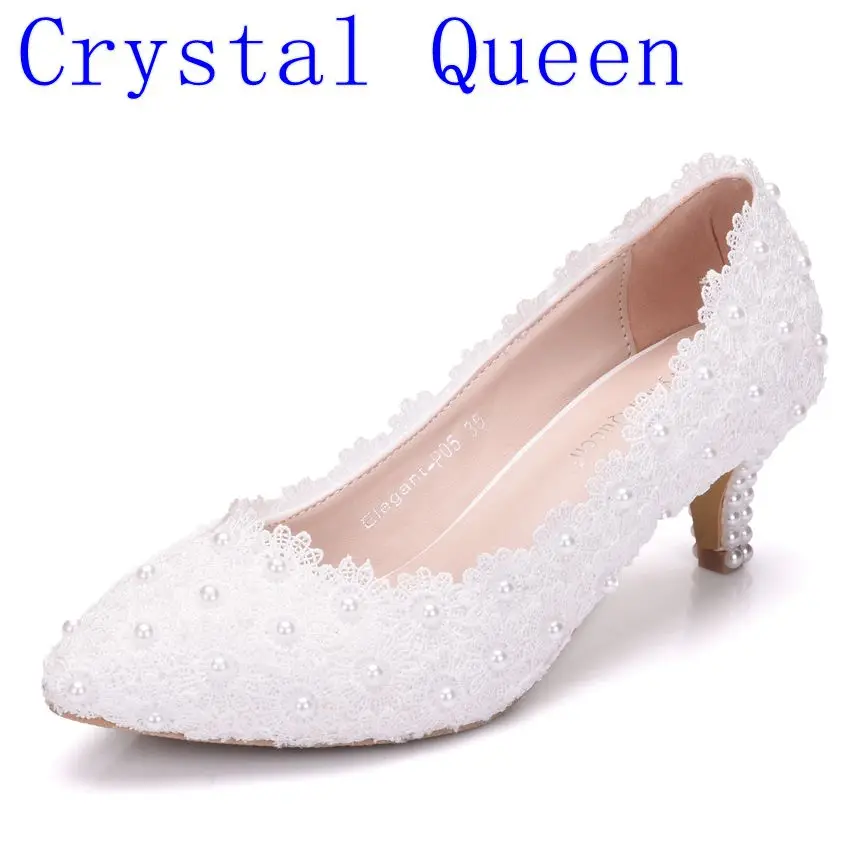 US $24.98 Crystal Queen White Lace Wedding Shoes 5cm Thick Kitten Heel Shoes White Lace Pumps Princess Party Birthday Heels