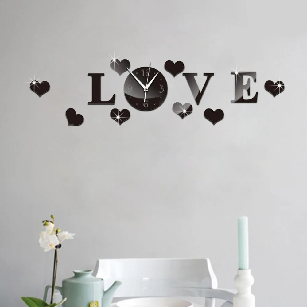 

Fairy Girl Letter Love Sticker DIY Needle Quartz Wall Clocks For Home Living Room Modern Minimalist Wall Clock 3D Mirror Clock