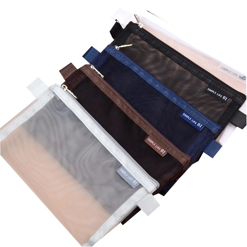 4Pcs/lot Transparent Nylon Mesh Student Pencil Case Bag Large Capacity