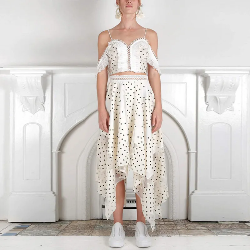 

2019 New Summer Hollow Out Lace Ruffles Polka Dot Short Spaghetti Strap Tops + Asymmetrical Skirt 2 Piece Sets Womens Outfits