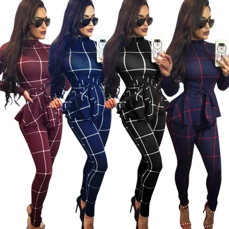 

ZOGAA 2019 Spring Women Jumpsuit Plaid Long Sleeve Ruffles Skinny Bodycon Long Pants Trousers with Belt Bodysuit Sexy Playsuit