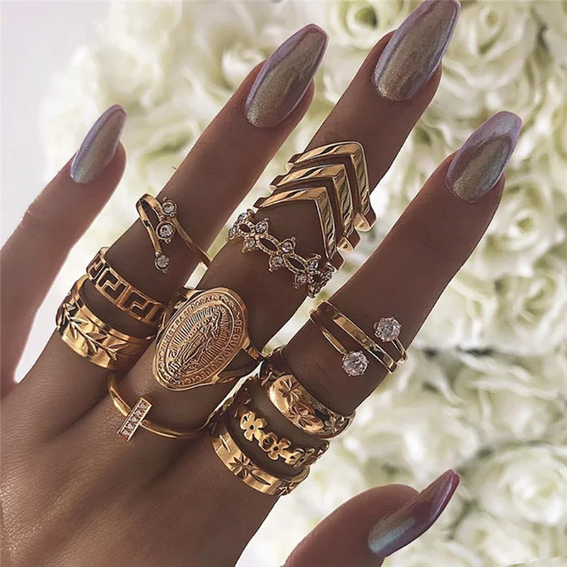 

Rushed Promotion Women Anel Rings Boho Vintage Color Notre Dame Goddess Ring Set Knuckle 13 Pcs/set Bohenmian Fashion Jewelry