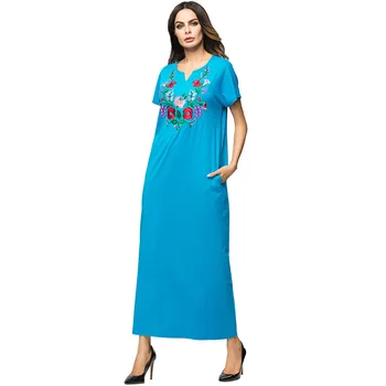 

Arabic Dress Euramerica Folk Style Embroidery Robe Muslims Short Sleeved Solid Pocket Long Mujer Ramadan Gifts Muslim Dresses