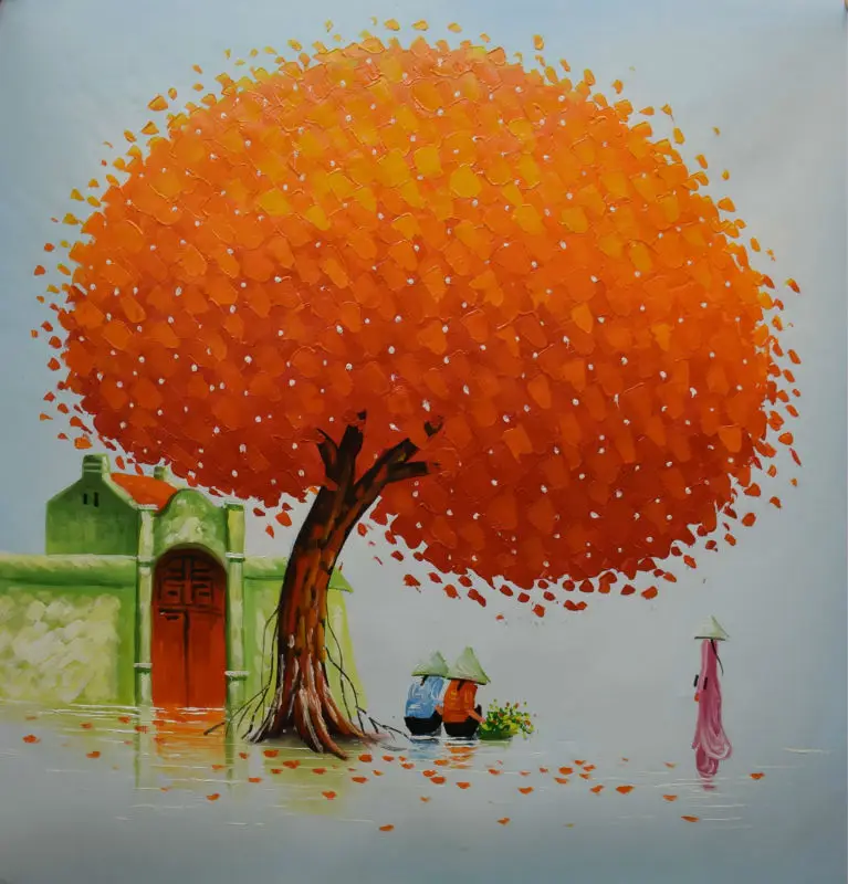 100Hand Painted Modern Palette Knife Red Trees Oil Painting on Canvas