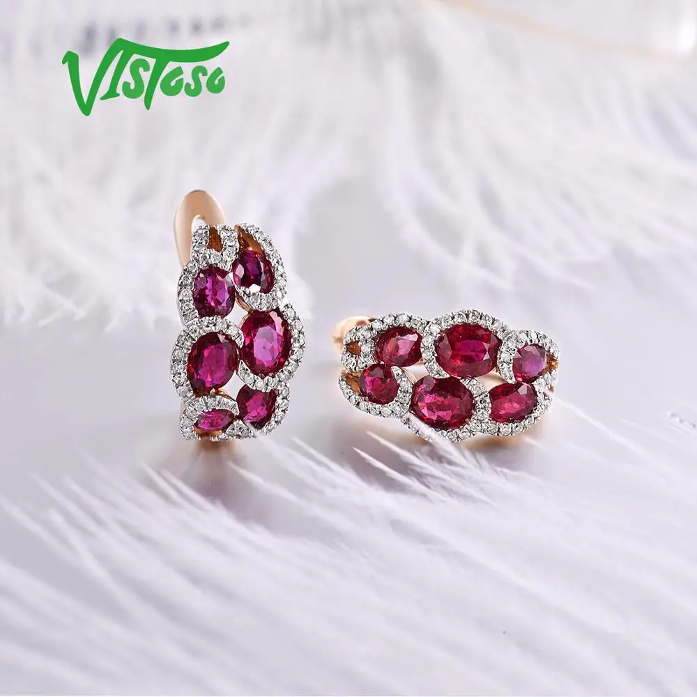 VISTOSO Подлинная 14 K 585 серьги из розового золота для женщин Гламурные Необычные рубиновые сверкающие бриллианты элегантные модные роскошные ювелирные изделия