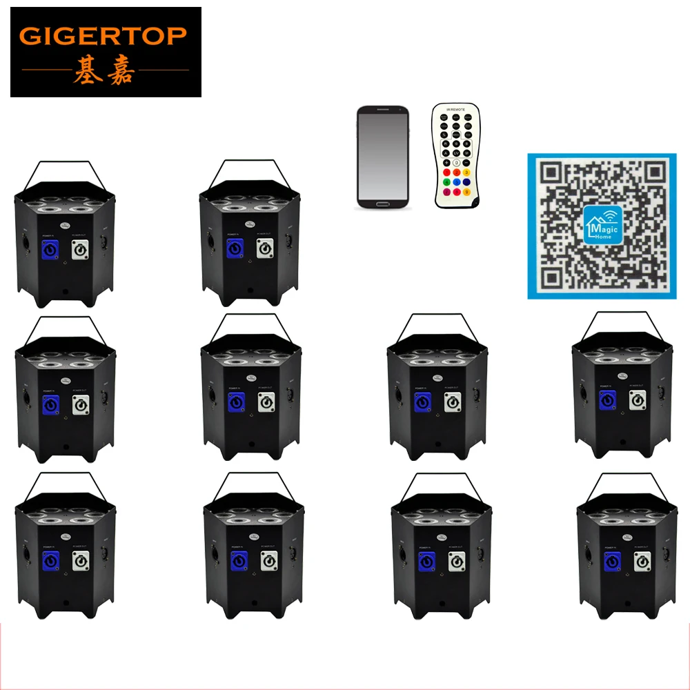 Freeshipping 10 Unit 6x6W WIFI And Wireless DMX RGBWA+UV LED Battery Uplighting Smart App Built-In White/Black Housing Logo OEM