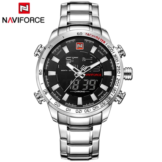 Silver Black NAVIFORCE Лидирующий бренд мужские военные спортивные часы мужские s светодиодный аналоговые цифровые часы мужские армейские кварцевые часы из нержавеющей стали Relogio Masculino - Цвет: Silver Black