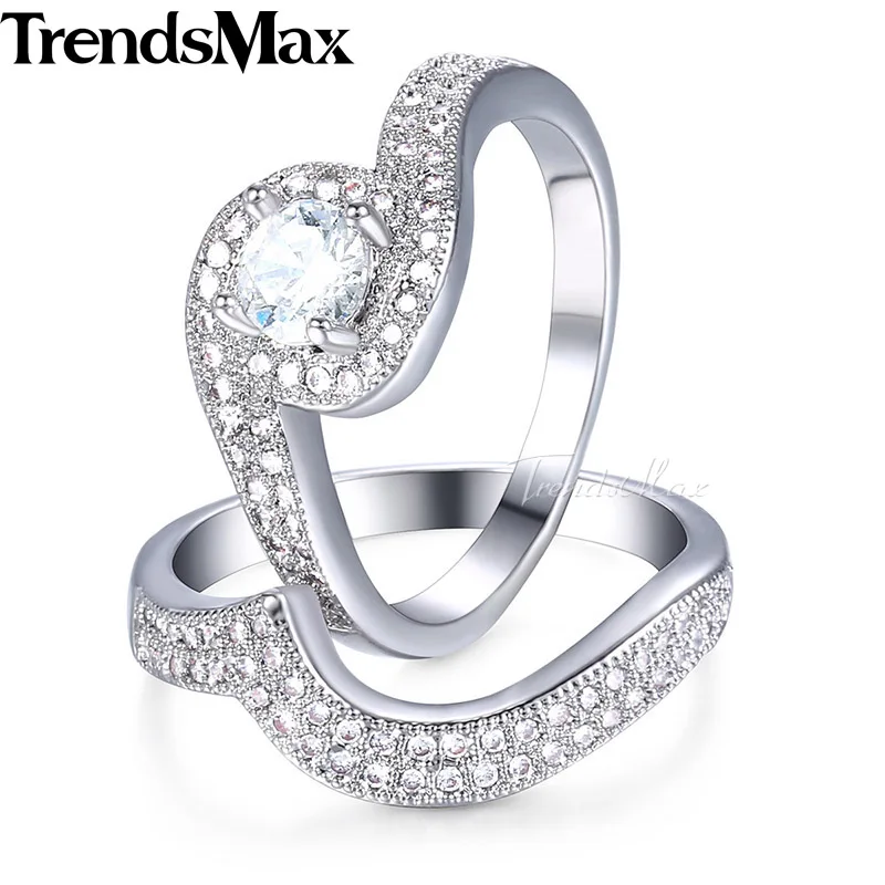 Trendsmax Paved Cubic Zirconia CZ Wedding Band Ring Set For Women White Gold Filled Fashion Jewelry KGR46