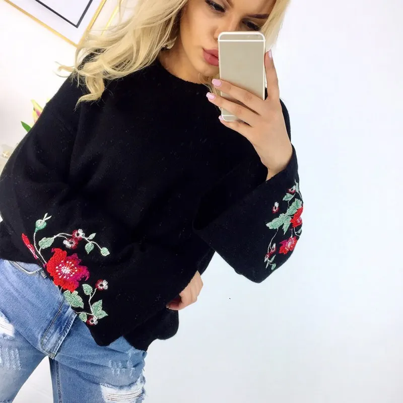 

Women Winter 2017 Sweaters Woman Solid Color O Neck Flare Sleeve Sweater Female Embroidery Pullovers Sweaters