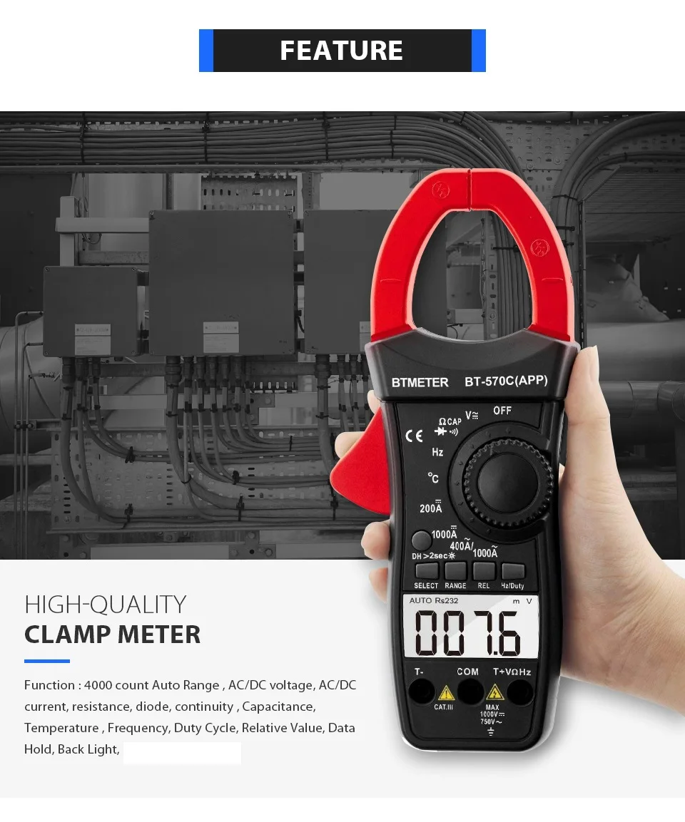 BTMETER Цифровой мультиметр-зажим, Автоматический диапазон Bluetooth амперметр, сопротивление, температура, Удержание данных для электрического амперметра HVAC