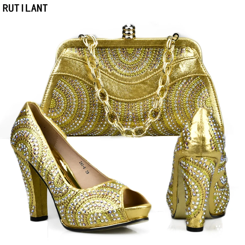 Matching Shoes and Bag Set In Heels Gold Color African Laides Shoe and