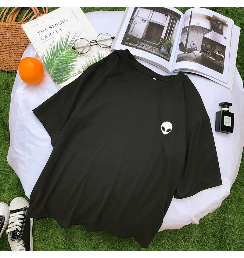 New Summer Tumblr Fashion Tshirt Women Cotton O-neck Short Sleeve Tops Harajuku Casual Kawaii Cartoon Alien Print Korean Clothes (8)