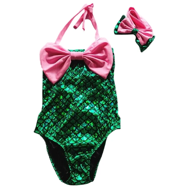 Best Price 2 Pcs/ Swimwear+ Hairband Girls Mermaid Plaid Big Bowknot Swimsuit Children's Swimwear Costumes Kids Toddler Girls Bathing Suits