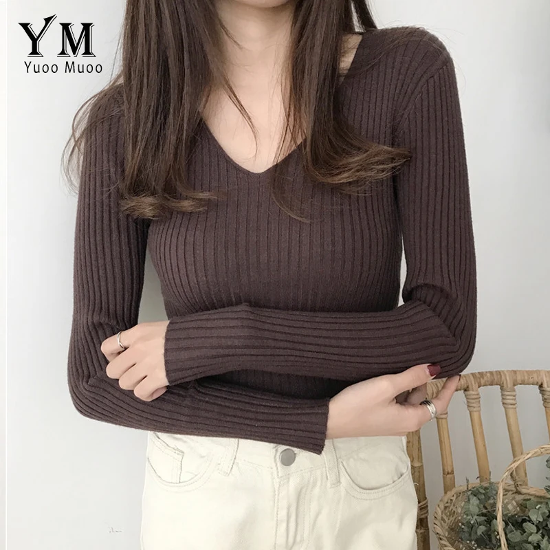 YuooMuoo 2019 V neck Autumn Sweater Women High Quality Casual Pink Sweater Pullover Winter Tops Women Knitwear Ladies Jumpers