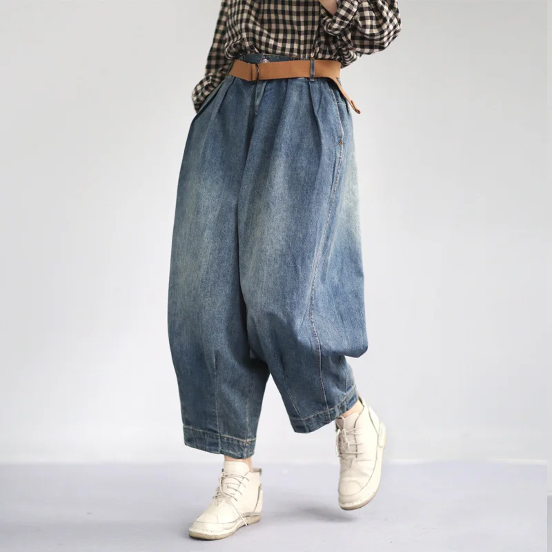

[EWQ] Women Denim Pants Blue Pockets Vintage Trouser 2019 Spring New Button Fly Wide Leg Pants For Women Clothing Casual